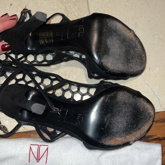 Tamara Mellon black suede laser cut mesh heeled sandals size 38 - Picture 6 of 11